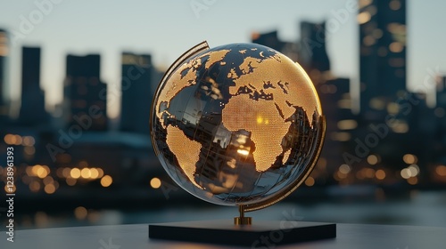 Elegant globe display with city skyline and soft bokeh lights