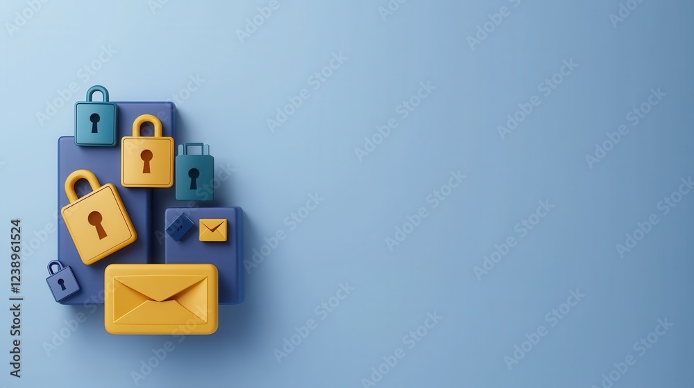 Fototapeta premium Colorful Digital Security Locks and Envelope on Blue Background