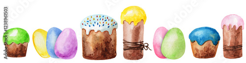 Banner of colorful watercolor Easter eggs and Easter cake on white background. Watercolor illustration. Spring holiday banner. Happy Easter.