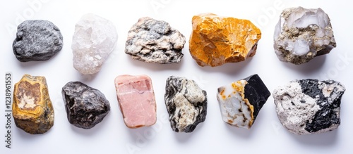 Various natural stones and minerals arranged on white background with copy space for text. Geology and mineralogy concept. photo