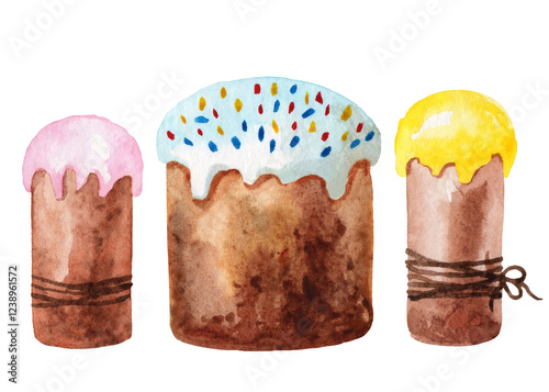 Set of colorful watercolor Easter cakes isolated on white background. Watercolor illustration. Spring holiday banner.