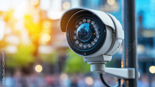 Close up of a modern CCTV camera in an urban environment, capturing footage for security purposes