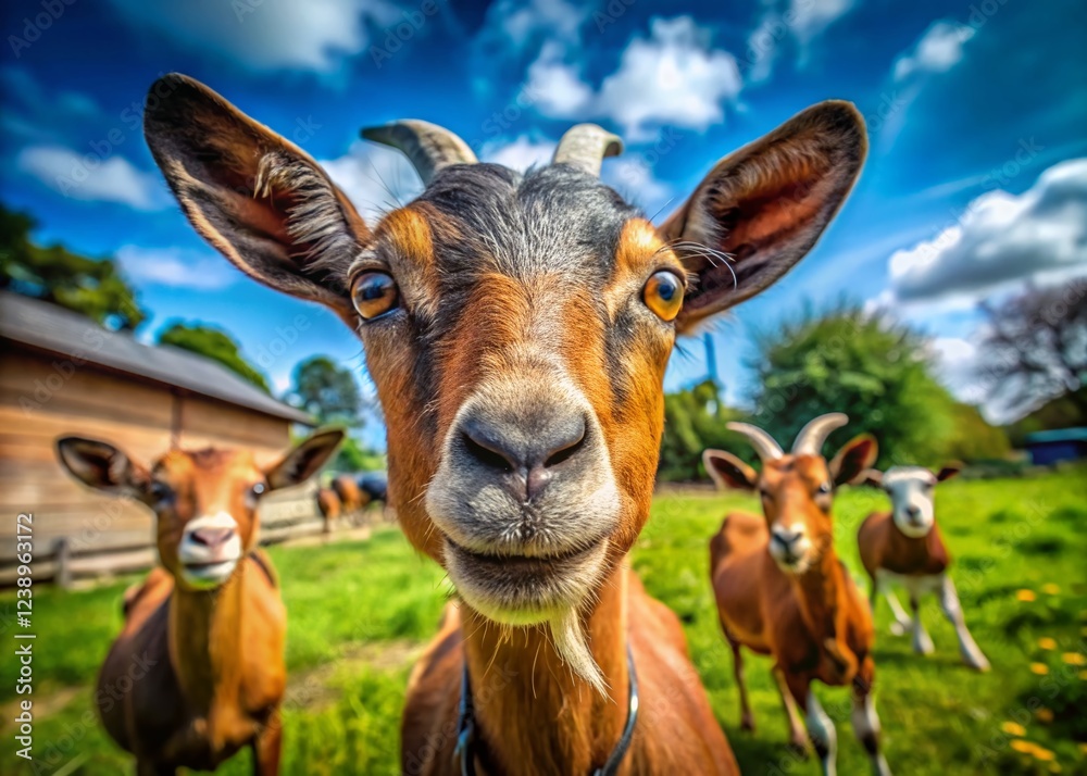 Hilarious Close-Up of Brown Goats on Farmland: Funny Domestic Goat Expressions Hilarious Close-Up of Brown Goats on Farmland: Funny Domestic Goat Expressions