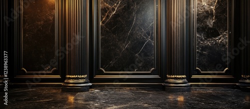 Elegant black marble interior with decorative columns and polished floor showcasing luxury design elements and Copy Space for text placement. photo