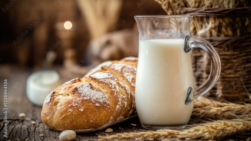 Freshly Baked Bread and Creamy Milk in a Rustic Setting with Wheat and Natural Textures Copy Space Freshly Baked Bread and Creamy Milk in a Rustic Setting with Wheat and Natural Textures Copy Space