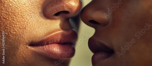 Close-up of two lips of diverse skin tones with soft lighting and focus on textures Copy Space photo