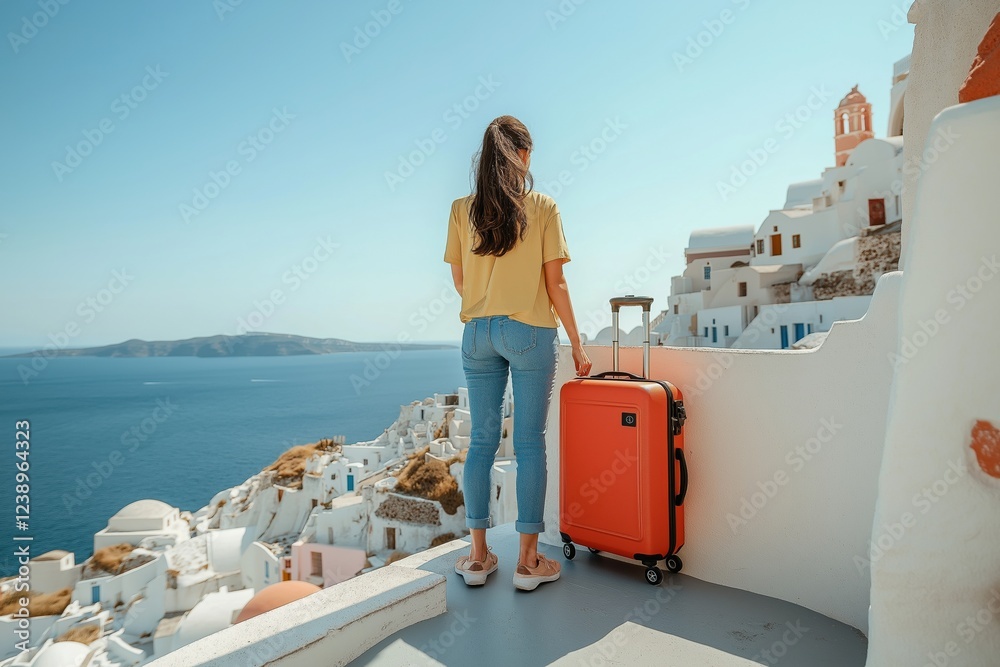 Obraz premium Serene Summer Vacation in Santorini with Luggage and Coastal Views