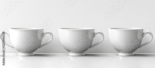 Three white ceramic tea or coffee cups in a row on a light background with smooth surface and copy space for text. photo