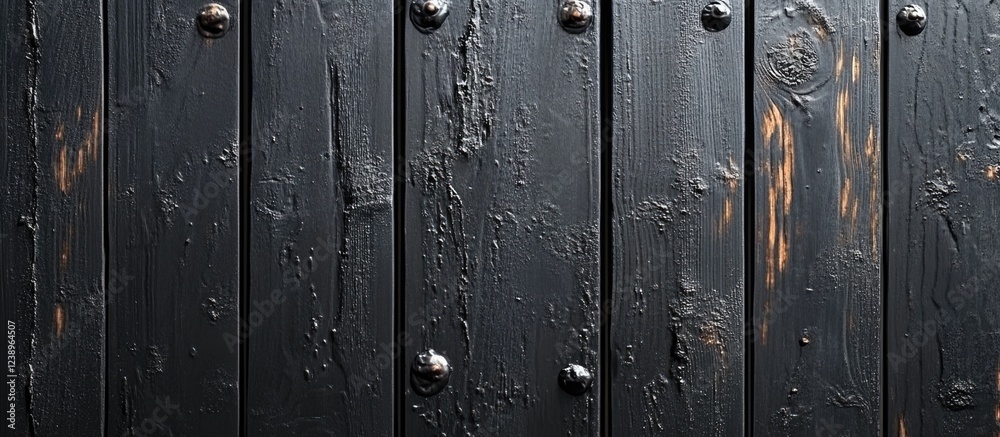 Fototapeta premium Black weathered wooden planks with metallic rivets textured background ideal for various design needs Copy Space