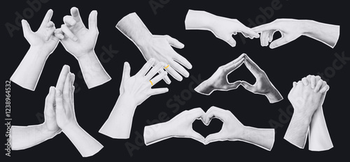Halftone collage of a pair of hands in various gestures on a dark isolated background