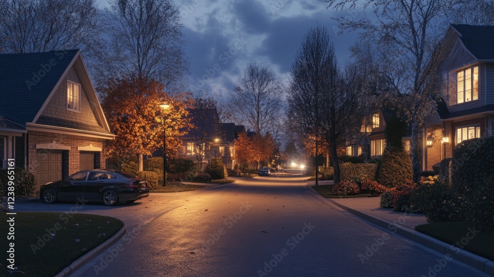 Suburban Street at Night with Autumn Leaves and Cars Suburban Street at Night with Autumn Leaves and Cars