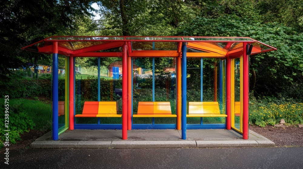 A brightly colored bus stop with a glass shelter and bench, located in a vibrant city area. A brightly colored bus stop with a glass shelter and bench, located in a vibrant city area.