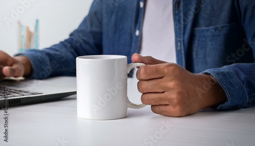 blank white ceramic coffee mug mockup with artist office desk background
