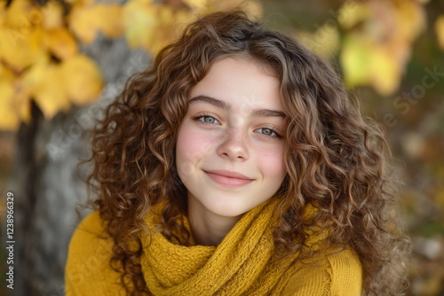 smiling beautiful young woman with curly hair and yellow pullover