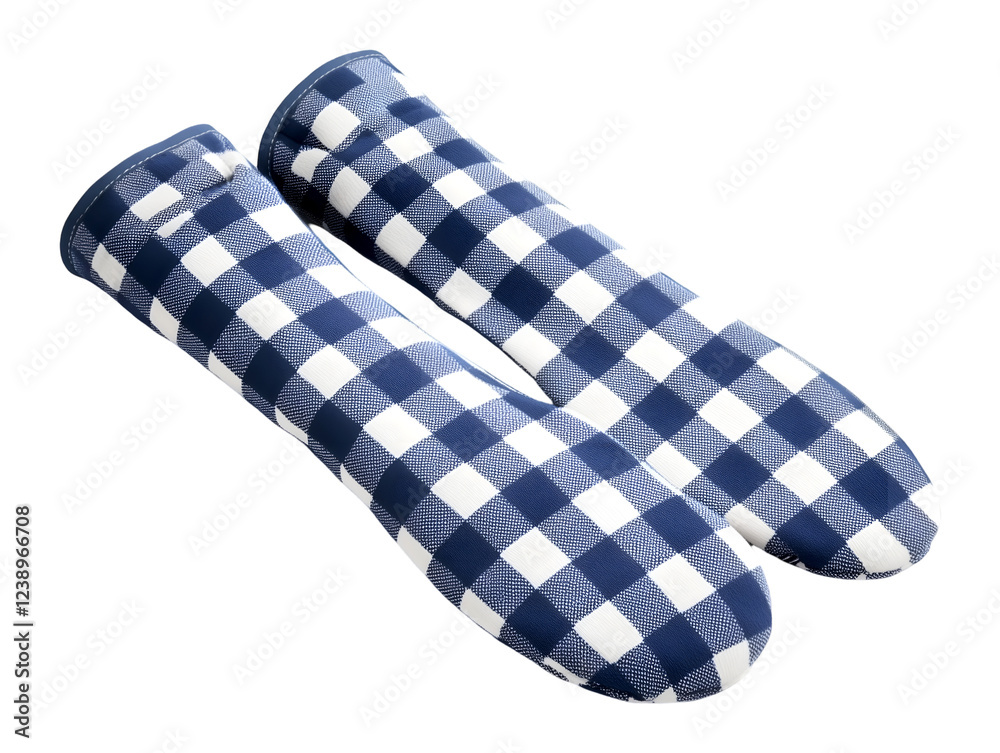Blue and white checkered oven mitts with a rustic and vintage kitchen style, isolated on transparent background, PNG, cut out Blue and white checkered oven mitts with a rustic and vintage kitchen style, isolated on transparent background, PNG, cut out