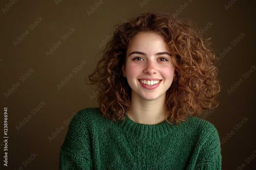 Obraz premium smiling beautiful young woman with curly hair and green pullover