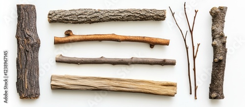 Natural wooden sticks and branches arranged on a white background with copy space for text placement. Various textures and colors displayed. photo