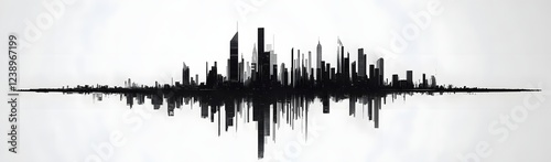 Abstract skyline silhouette representing urban life, with soundwave pattern and minimalist design