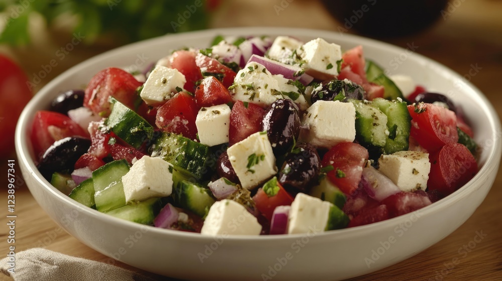 Fresh Mediterranean salad with tomatoes, cucumbers, olives, red onions, and feta cheese on a wooden table with copy space. Fresh Mediterranean salad with tomatoes, cucumbers, olives, red onions, and feta cheese on a wooden table with copy space.