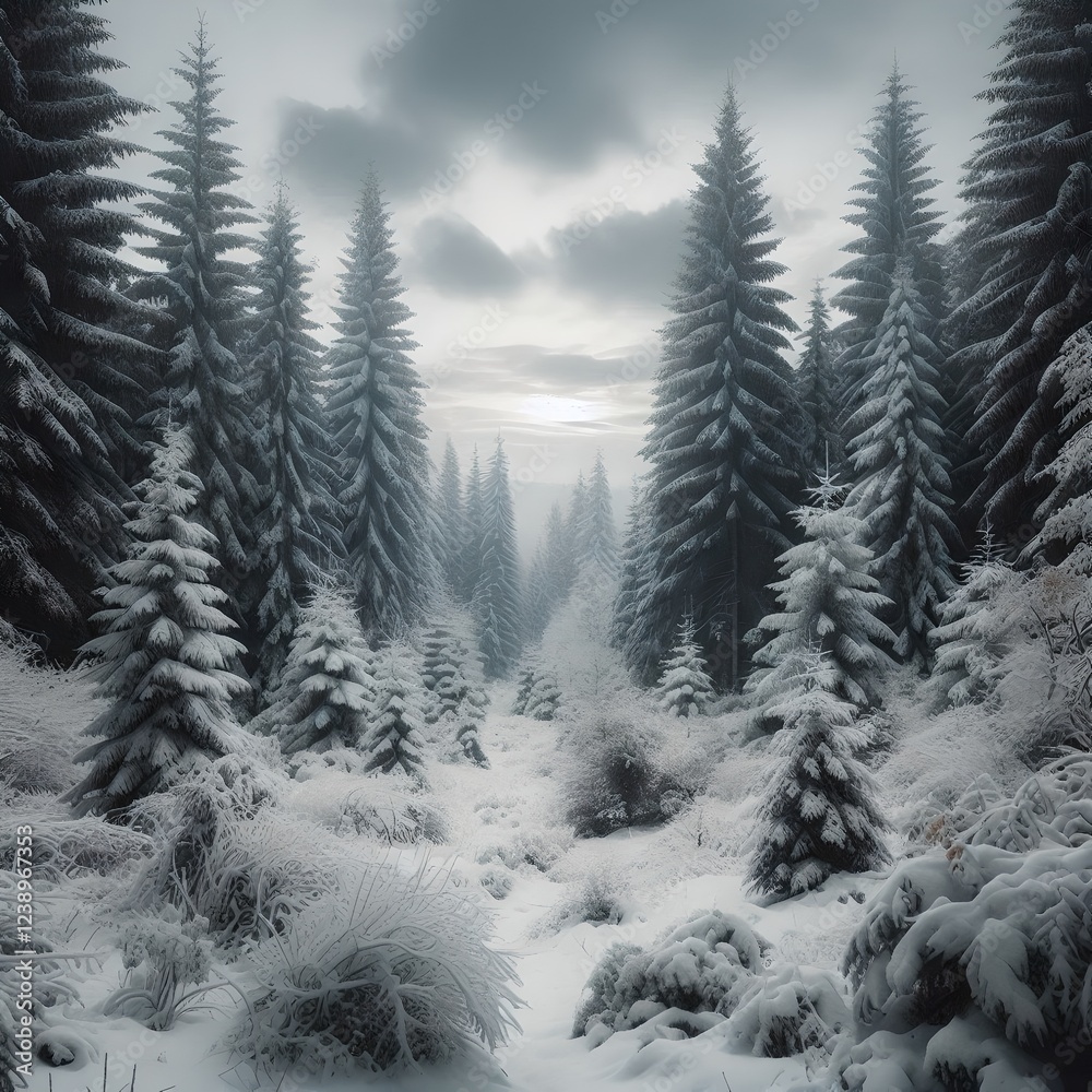 Fototapeta premium A snow-covered forest with tall firs and pines covered with snow