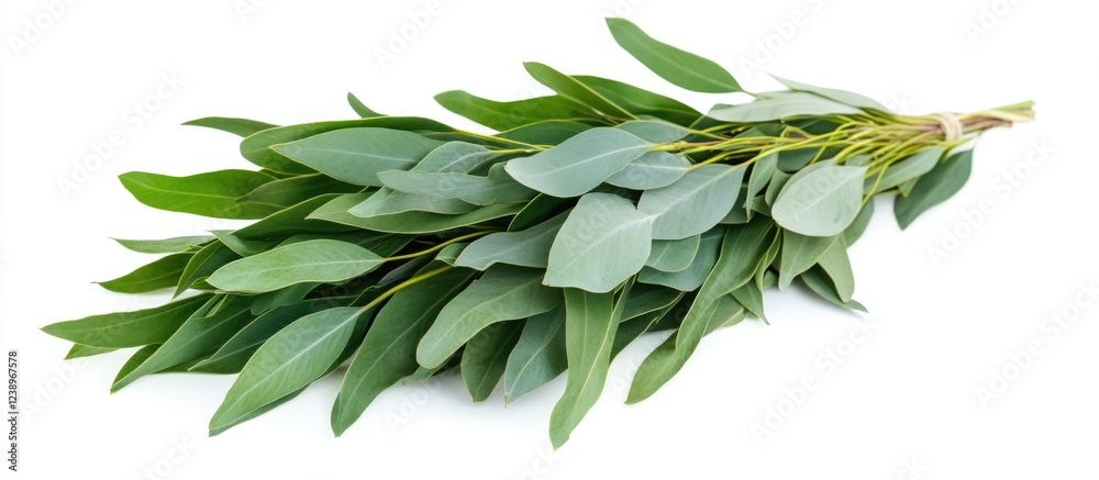Fresh green eucalyptus leaves arranged in a bunch on a white background with Copy Space for text placement Fresh green eucalyptus leaves arranged in a bunch on a white background with Copy Space for text placement