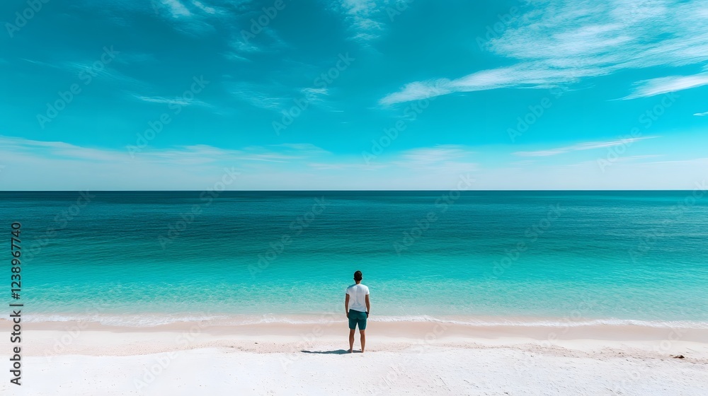 Solitary Figure on Tranquil Beach,Gazing at Boundless Ocean Horizon Solitary Figure on Tranquil Beach,Gazing at Boundless Ocean Horizon