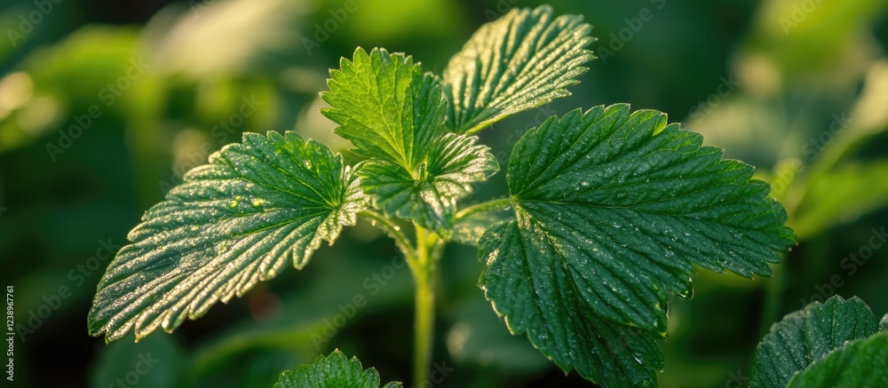 Close-up of green leaves with droplets of water in sunlight reflecting natural textures and details Copy Space Close-up of green leaves with droplets of water in sunlight reflecting natural textures and details Copy Space