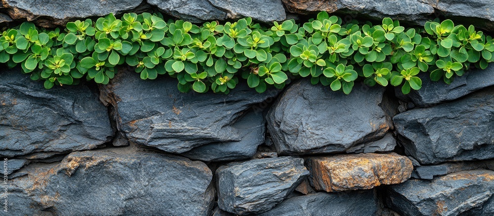 Lush green plants growing on textured dark stone wall with selective focus and natural light Copy Space