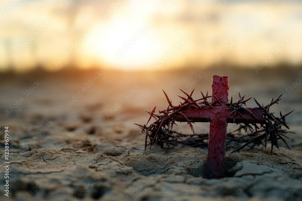 A red cross with nails and a crown of thorns lies on parched ground as the sun sets in a desolate landscape, symbolizing sacrifice and hope A red cross with nails and a crown of thorns lies on parched ground as the sun sets in a desolate landscape, symbolizing sacrifice and hope