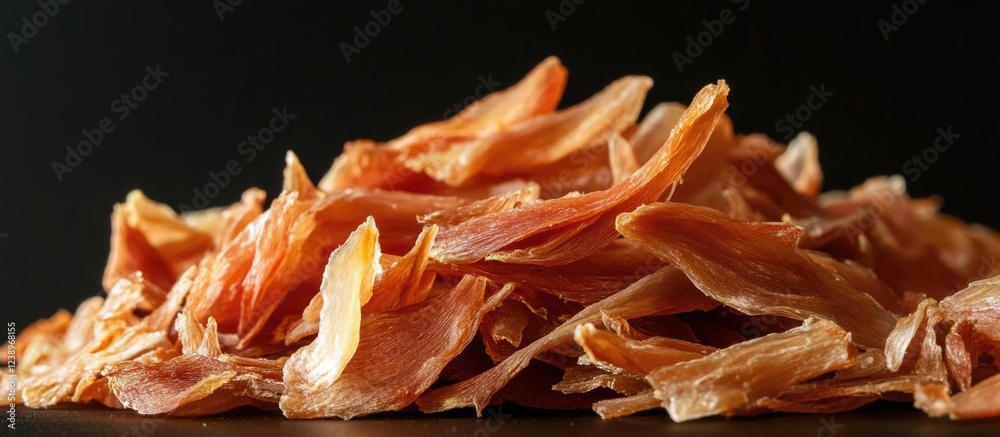 Dried fish flakes arranged in a mound on a dark background with selective focus showing texture and detail Copy Space Dried fish flakes arranged in a mound on a dark background with selective focus showing texture and detail Copy Space