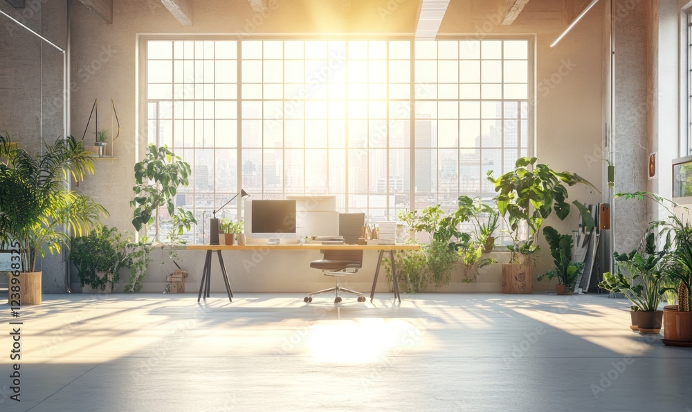 Fototapeta premium Sunlit Modern Office with Abundant Greenery