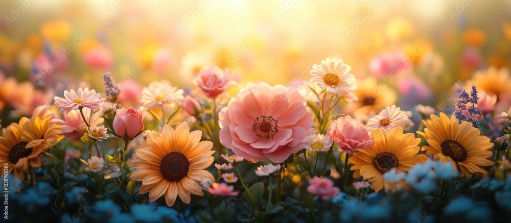 Obraz premium Colorful flower field with sunflowers, poppies, and daisies during golden hour lighting, vibrant natural landscape with Copy Space.