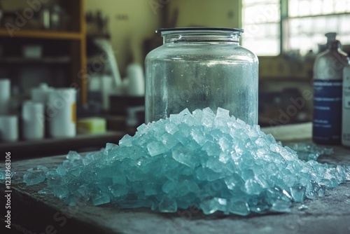 Blue crystalline substance collected in a container while preparations for illegal drug manufacturing occur in a hidden location