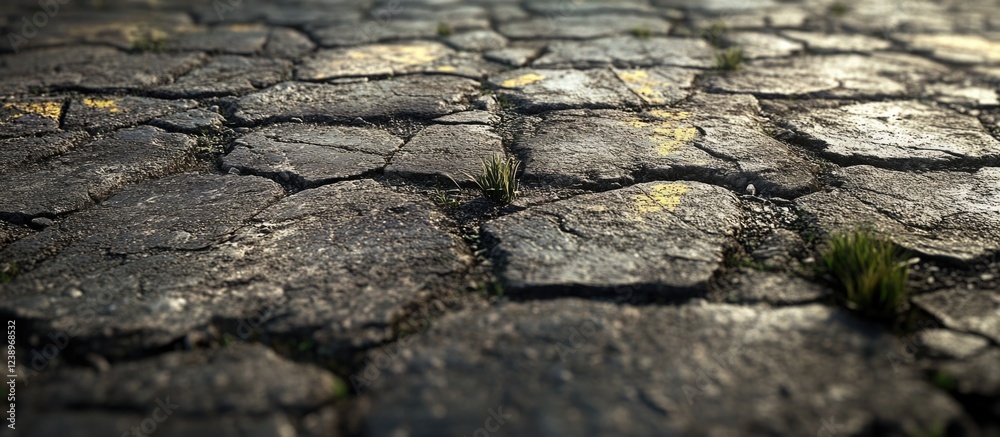 Old cracked stone pavement with small patches of grass growing between stones natural outdoor texture with visible light and shadows Old cracked stone pavement with small patches of grass growing between stones natural outdoor texture with visible light and shadows