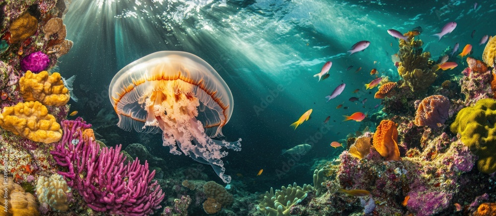 Obraz premium Underwater scene featuring jellyfish and vibrant coral reefs with various colorful fish illuminated by sunlight beams Copy Space