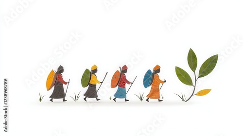 Colorful Illustration of Four Hikers Walking Toward a Green Plant in a Minimalistic Style