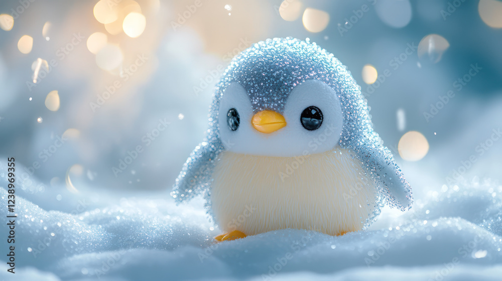 A plush penguin sparkling with water beads and ice crystals. A plush penguin sparkling with water beads and ice crystals.
