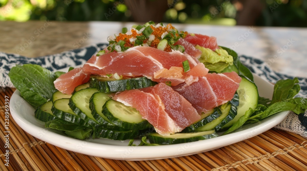 Fresh Salad with Cucumber, Thinly Sliced Meat, and Colorful Toppings on a Rustic Table