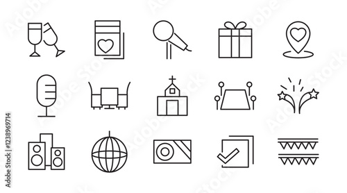 Event Planning line icon set. Containing date, schedule, management, catering, registration, wedding, coordination, invitation, birthday cake, buffet line icon set. UI thin line icon pack.