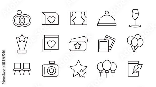 Event Planning line icon set. Containing date, schedule, management, catering, registration, wedding, coordination, invitation, birthday cake, buffet line icon set. UI thin line icon pack.