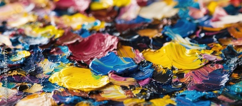 Colorful abstract oil paint texture with vibrant brush strokes and rich hues in close-up view. Copy Space photo