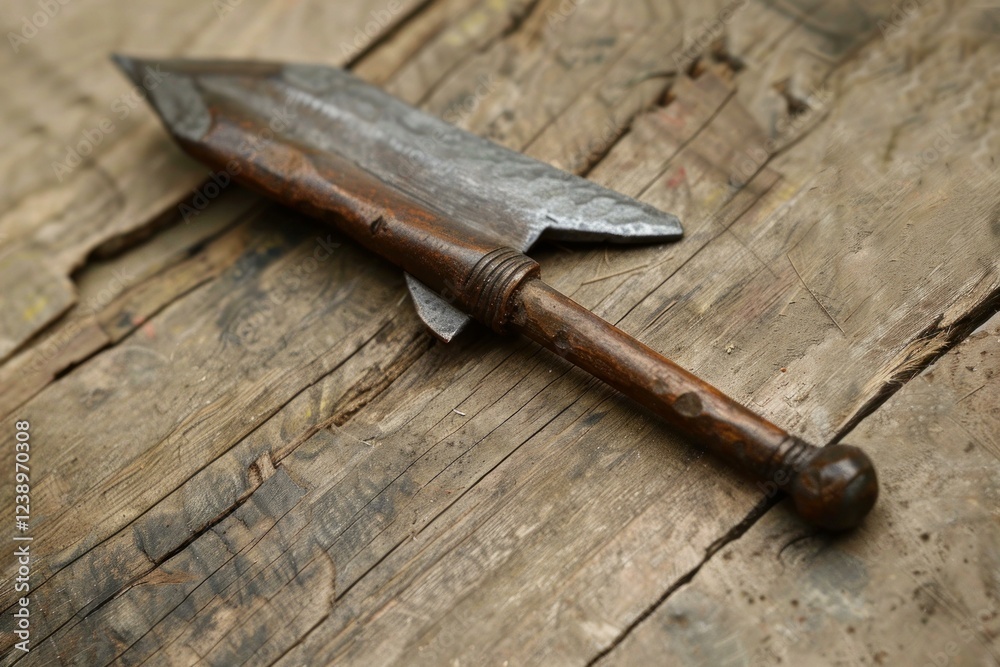 Ancient african throwing knife, forged from iron and set with a wooden handle, is laying on a wooden surface Ancient african throwing knife, forged from iron and set with a wooden handle, is laying on a wooden surface