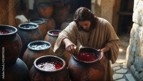 Jesus’ First Miracle – Turning Water into Wine at the Wedding in Cana. Bible. New Testament.