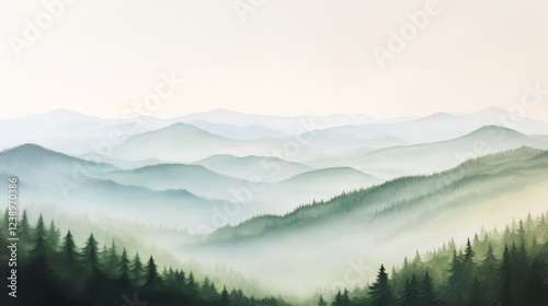 Misty mountain range sunrise, scenic landscape, tranquil nature