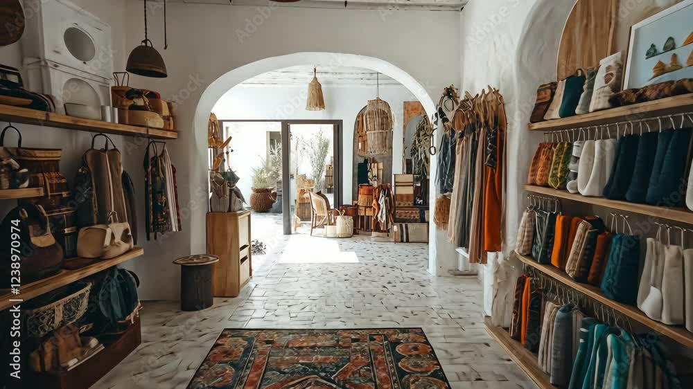 Charming boutique interior with handmade crafts and textiles in a sunlit space