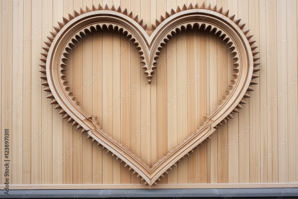 Intricate wooden heart ornament fixed on a timber wall, symbolizing love, craftsmanship, and natural beauty Intricate wooden heart ornament fixed on a timber wall, symbolizing love, craftsmanship, and natural beauty