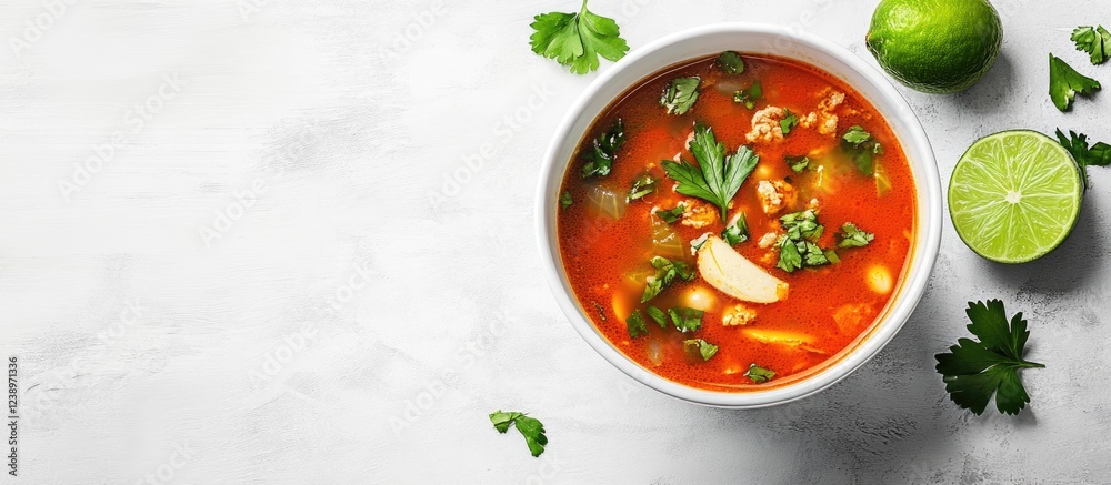 Bowl of spicy soup with herbs and lime on a white surface with copy space for text Bowl of spicy soup with herbs and lime on a white surface with copy space for text
