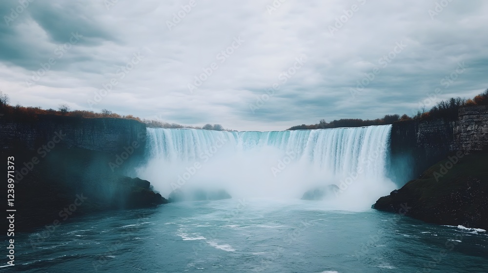 Majestic Waterfall Cascading Down Rocky Cliffs in Serene Landscape Majestic Waterfall Cascading Down Rocky Cliffs in Serene Landscape