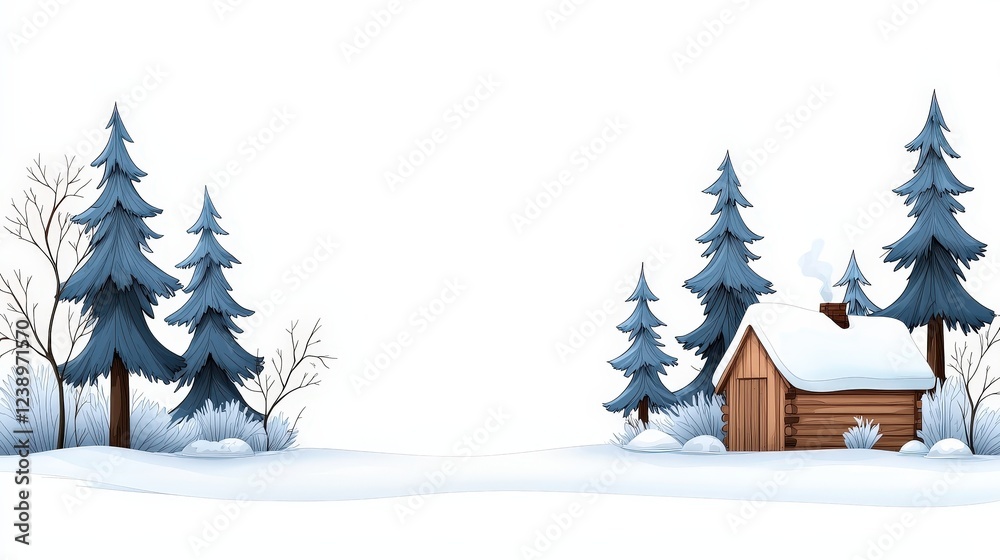 Fototapeta premium Cozy Winter Landscape with Snowy Pines and a Log Cabin in a Serene Cold Environment