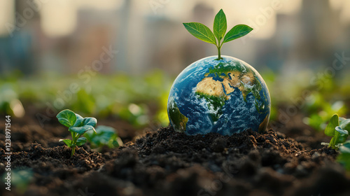 powerful image depicting a small globe emerging from rich soil, with vibrant green leaves sprouting from its top.